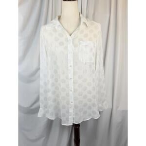 LIZ CLAIBORNE Shirt Womens Button Up Sheer Blouse Polka Dot White On White Med